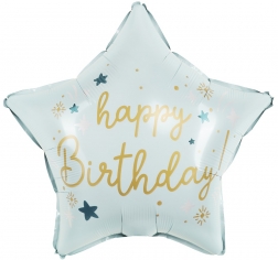 Шар Звезда, Happy Birthday (праздничные искры), Светло-голубой, Сатин (в упаковке)